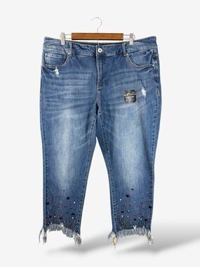 INC Skinny Jeans Rhinestone Studded Raw Hem 18W Mid Rise Ankle Fringe Denim
